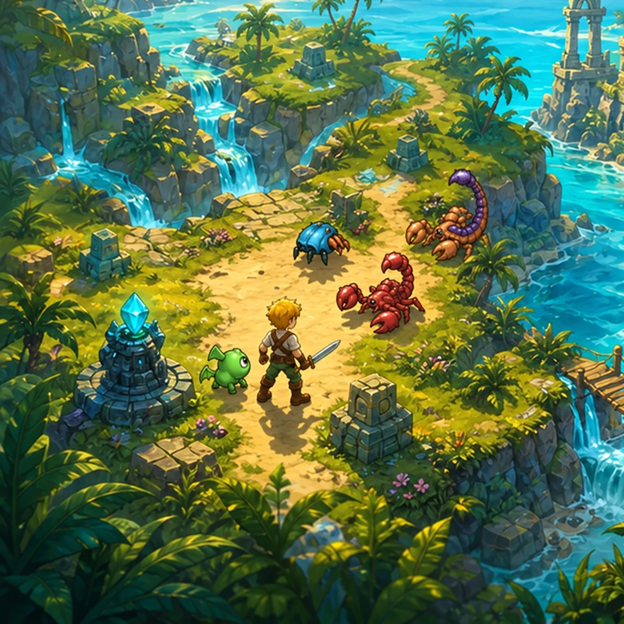 A young adventurer and friendly green pet facing a blue beetle and scorpions among tropical ruins