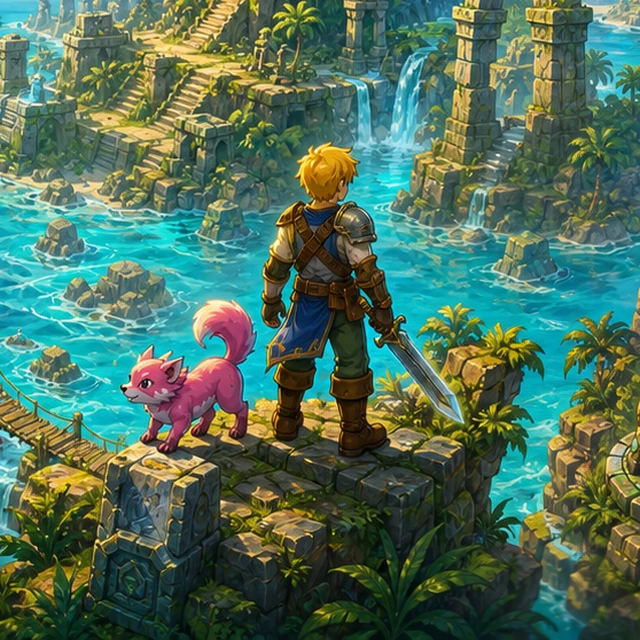 An adventurer and pink companion overlooking the Isle of the Titans