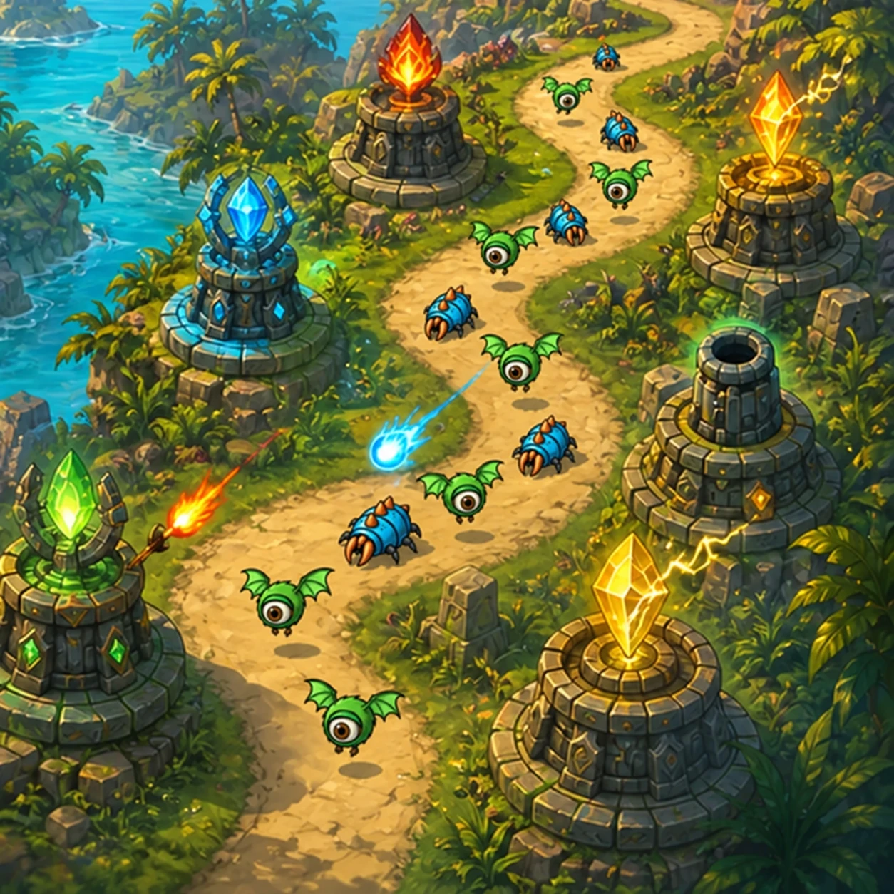 Elemental towers defending an island path against blue armored beetles and green flying eyes
